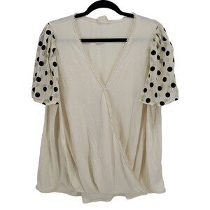Flower & feather Womens XL ESTIMATED beige black polka dot faux wrap blouse